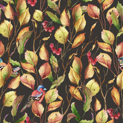 Watercolor illustration. Seamless pattern of autumn leaves rowan berry and finch birds.