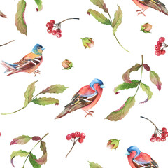 Watercolor illustration. Seamless pattern of autumn leaves rowan berry and finch birds. - 470930812