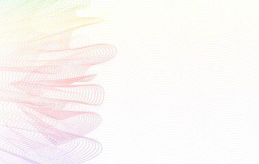 Pale violet, light red, yellow, green ruched net pattern. Abstract vector watermark for cheque, bonus card, coupon, certificate. Guilloche art line design. Ripple thin curves. White background. EPS10