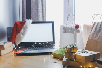 Christmas holidays, online shopping at home and lockdown coronavirus.Christmas online shopping, black friday sale and discounts promotions during the Xmas.Christmas .shopping