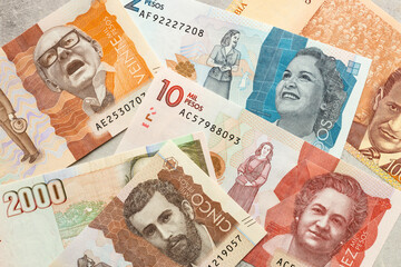 Colombian money, various banknotes filling the frame