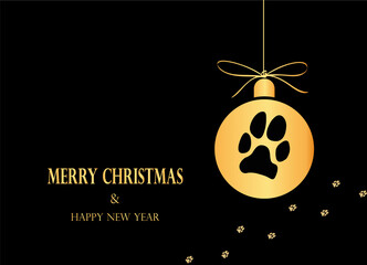 Simple Christmas ball illustration with dogs paw print - can be used as christmas card or invitation. - obrazy, fototapety, plakaty