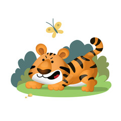 The cute cartoon tiger roars angry and pretends to be a scary beast. Vector illustration isolated on white background