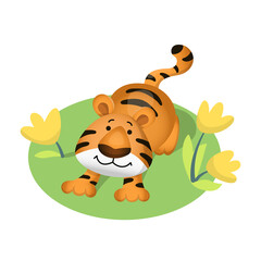 Cute cartoon tiger sitting in the meadow. Vector illustration isolated on white background
