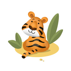 Cute cartoon tiger sitting half-turn. Vector illustration isolated on white background