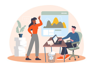 Young man and woman are working at creative space. Modern office interior with work process and digital projecting on the wall. Flat cartoon vector illustration