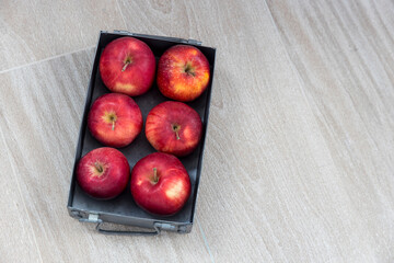 Six red apples on a zinc gray tray are on the ceramic table top. Space for text. Top view. Copy space