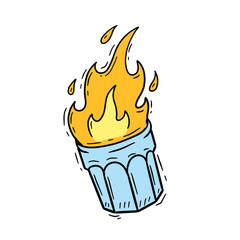 Burning glass. Tequila in glass. Fire cocktail in shot glass. Hand drawn illustration