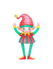 Little elf with arms up. Watercolor Christmas illustration in cartoon style isolated on white background.