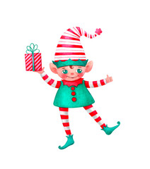 A little merry Christmas elf holds a gift in one hand, and the other shows a gesture like it. Christmas concept. Watercolor cartoon illustration isolated on white background.