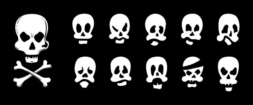 A skull with bones and a set of funny emotional skulls.