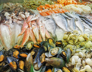seafood in the restaurant laid out for cooking