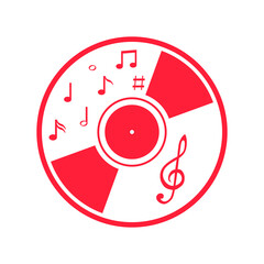 Vinyl record icon with notes. Red, cartoon vinyl record icon with notes set isolated on white background. Vector illustration.