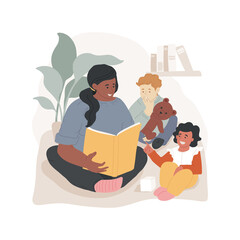 Listen to reading aloud isolated cartoon vector illustration. Child listens to adult reading book, reading for infant, cognitive skills development, daycare center, child care cartoon vector.