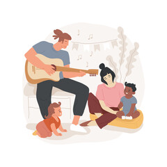 Listen to music isolated cartoon vector illustration. Infant listens to music, adult sings and plays instrument for baby, mental skills development, daycare center, child care cartoon vector.