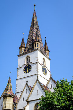 Renovated old historical building of Lutheran Cathedral of Saint Mary (Catedrala Evanghelica Sfanta Maria)  in the old city center of Sibiu, in Transylvania (Transilvania) region, Romania  .