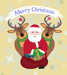 Vector illustration of Merry Christmas with Santa Claus and reindeer.