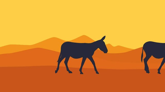 Desert landscape with mountains and walking donkeys (animation, seamless loop)