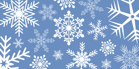 Fototapeta na wymiar Blue leaflet header Christmas decoration background. Big white snowflake ice