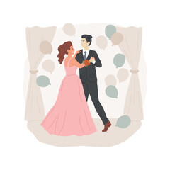 Graduation ball isolated cartoon vector illustration. High school tradition, celebration, ball, prom party, graduation couple dancing in a hall, girl wearing flower bracelet cartoon vector. © Vector Juice