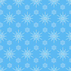 Unusual snowy Christmas seamless pattern, bright snowflake for design on blue