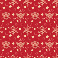 Snowflake, christmas decoration seamless pattern, cute vector pattern on red background