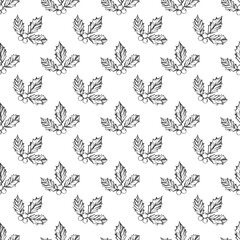 Holly seamless pattern. Monochrome botanical illustration.