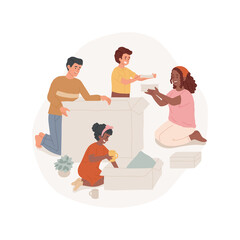 Unboxing items isolated cartoon vector illustration. Family moving to a new house, kids help to unbox household items, happy parents open box, home renovation, unpacking cartoon vector.