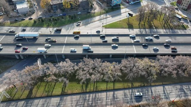 Car circulation on highway 40 in Montreal Canada, Aerial drone view