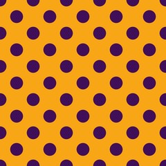 Purple polka dots, seamless pattern on orange background. Vector illustration. Happy Halloween.