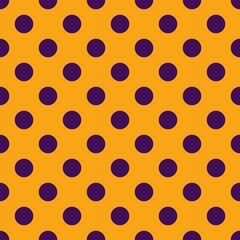 Purple polka dots, seamless pattern on orange background. Vector illustration. Happy Halloween.