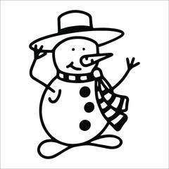 Vector black and white doodle-style illustration of a snowman in a hat