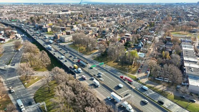 Car circulation on highway 40 in Montreal Canada, Aerial drone view