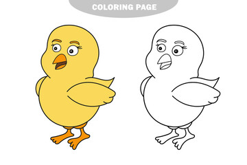 Simple coloring page. Vector illustration, funny baby chicken, on a white background, coloring pages. Color and black and white version
