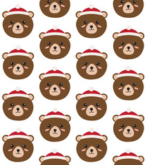 Vector seamless pattern of flat hand drawn bear face in Christmas hat isolated on white background