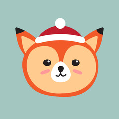 Vector flat cartoon doodle fox face head in Christmas hat isolated on mint background