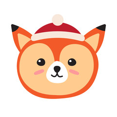 Vector flat cartoon doodle fox face head in Christmas hat isolated on white background