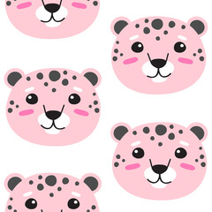 Obraz premium Vector seamless pattern of flat cartoon doodle pink leopard face head isolated on white background