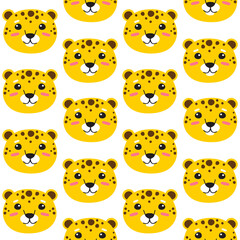 Vector seamless pattern of flat cartoon doodle leopard face head isolated on white background