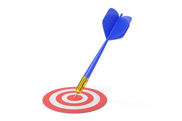 Dart stuck in the center of a target isolated on white background. 3d illustration.
