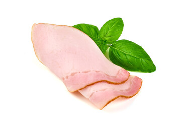 Smoked loin slices, isolated on white background.