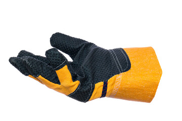 This is kind of one construction glove insulated on white background. Yellow crag with palm up....