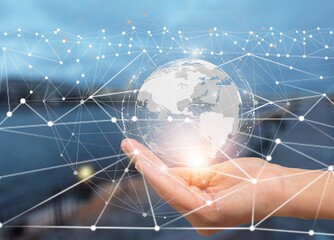 Global communication network concept. Environmental technology. Hand hold a globe