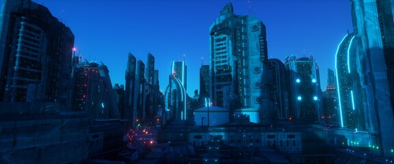 Neon futuristic city. Urban future. City of a future with blue neon lights against clear blue sky. Futuristic skyscrapers with bright glowing. Cyberpunk scene. 3D illustration.