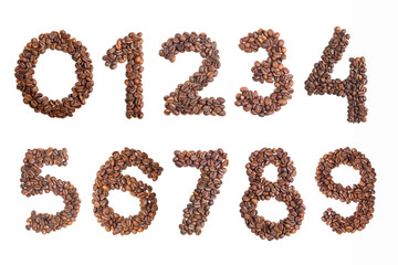 Numbers 1, 2, 3, 4, 5, 6, 7, 8, 9, 0 made from roasted coffee beans on white isolated background....