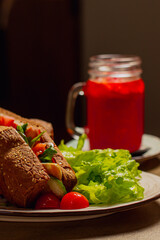 sandwich with salad and salmon