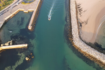 Panorama of Lagos marina, Algarve, Portugal, aerial drone wide view.