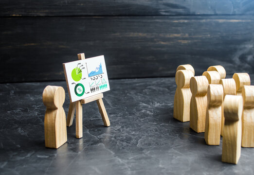 People listen to the report at the meeting. Presentation of work results, summing up, negotiating. Business analytics, marketing research. Economic reporting, forecasting. Project development.