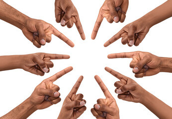 Cropped millennial african american male hands pointing by finger to center with empty space