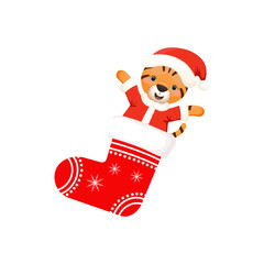 Christmas sock with little tiger in Santa dress. Funny winter holidays character. Christmas and New Year card.